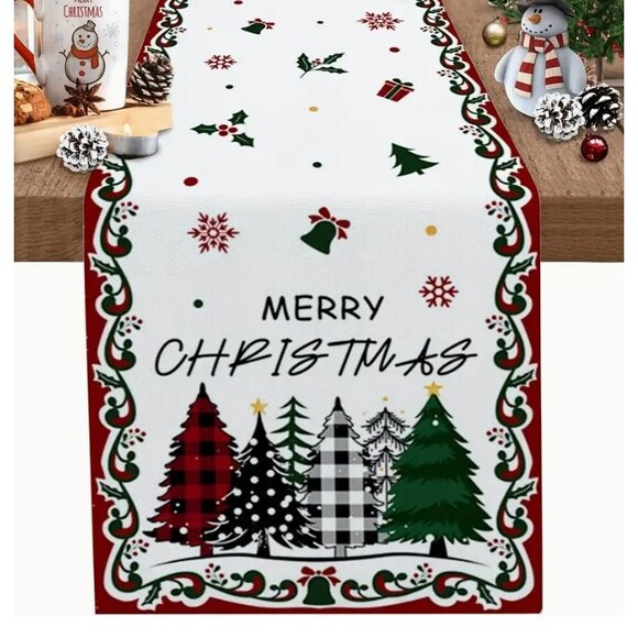 Merry Christmas Table Runner 13x72in Linen Holly Trees Snowflakes Bells - Picture 1 of 3